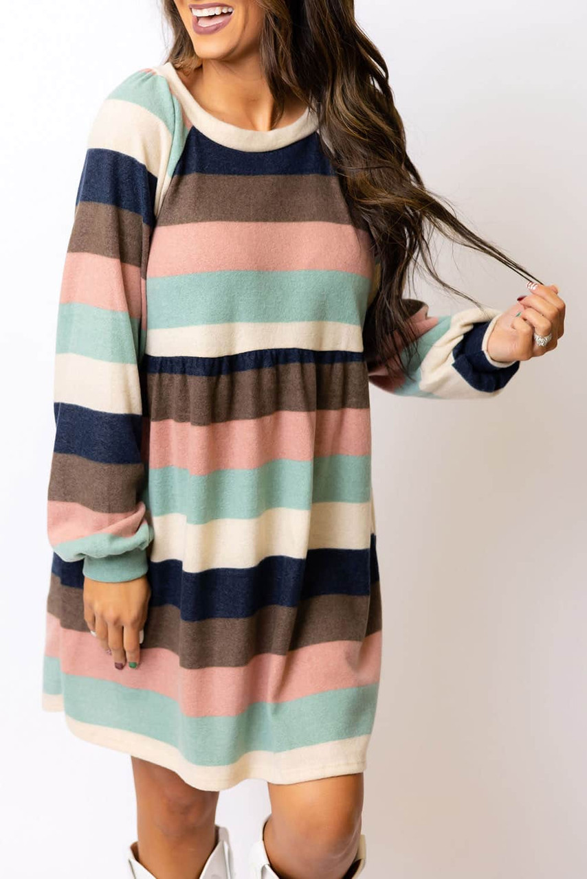 Multicolor Striped Color Block Long Sleeve Mini Dress