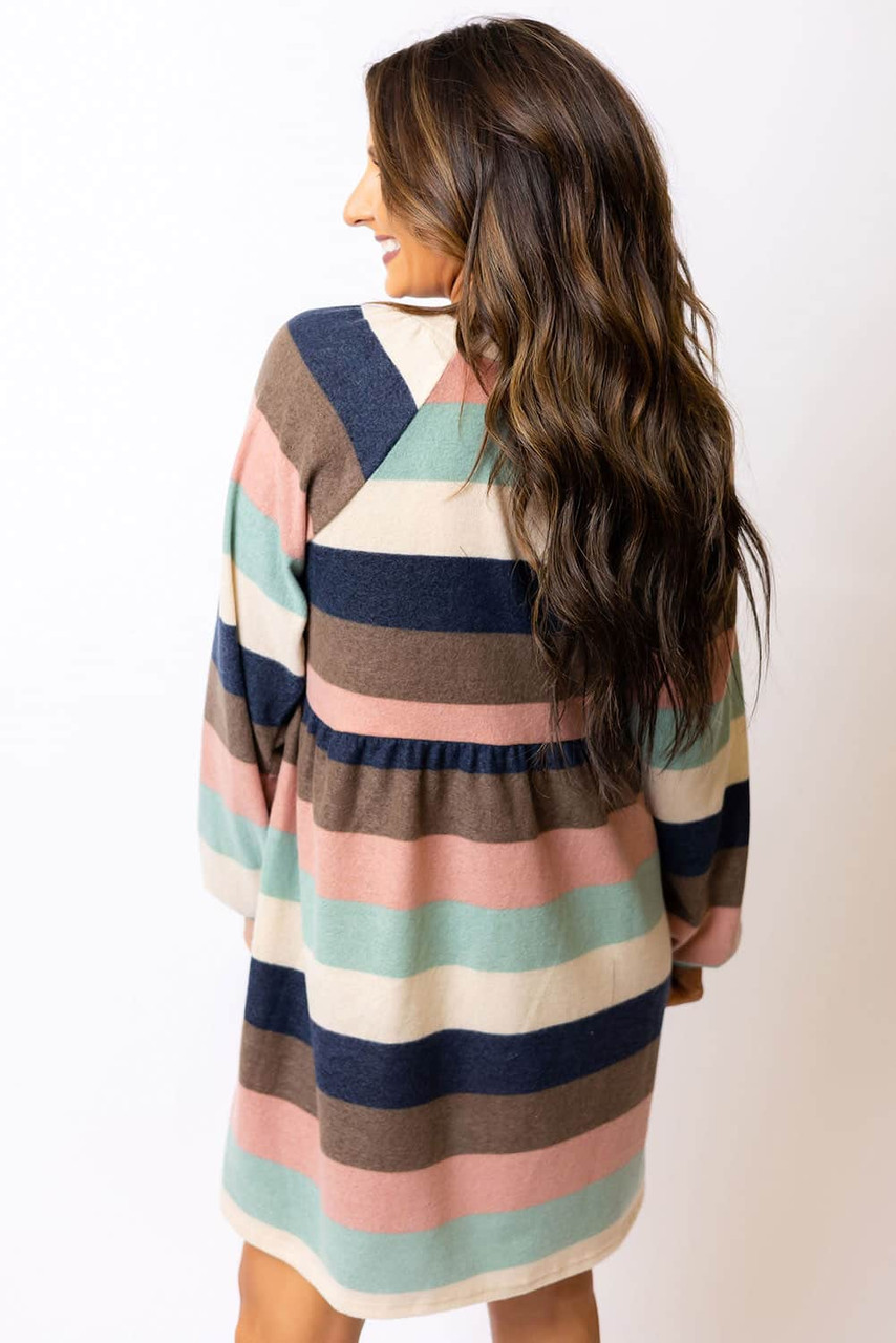 Multicolor Striped Color Block Long Sleeve Mini Dress