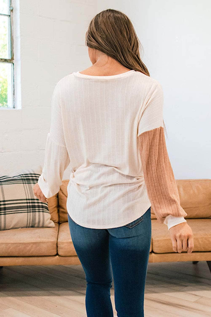 Apricot Color Block Wide Ribbed V Neck Top