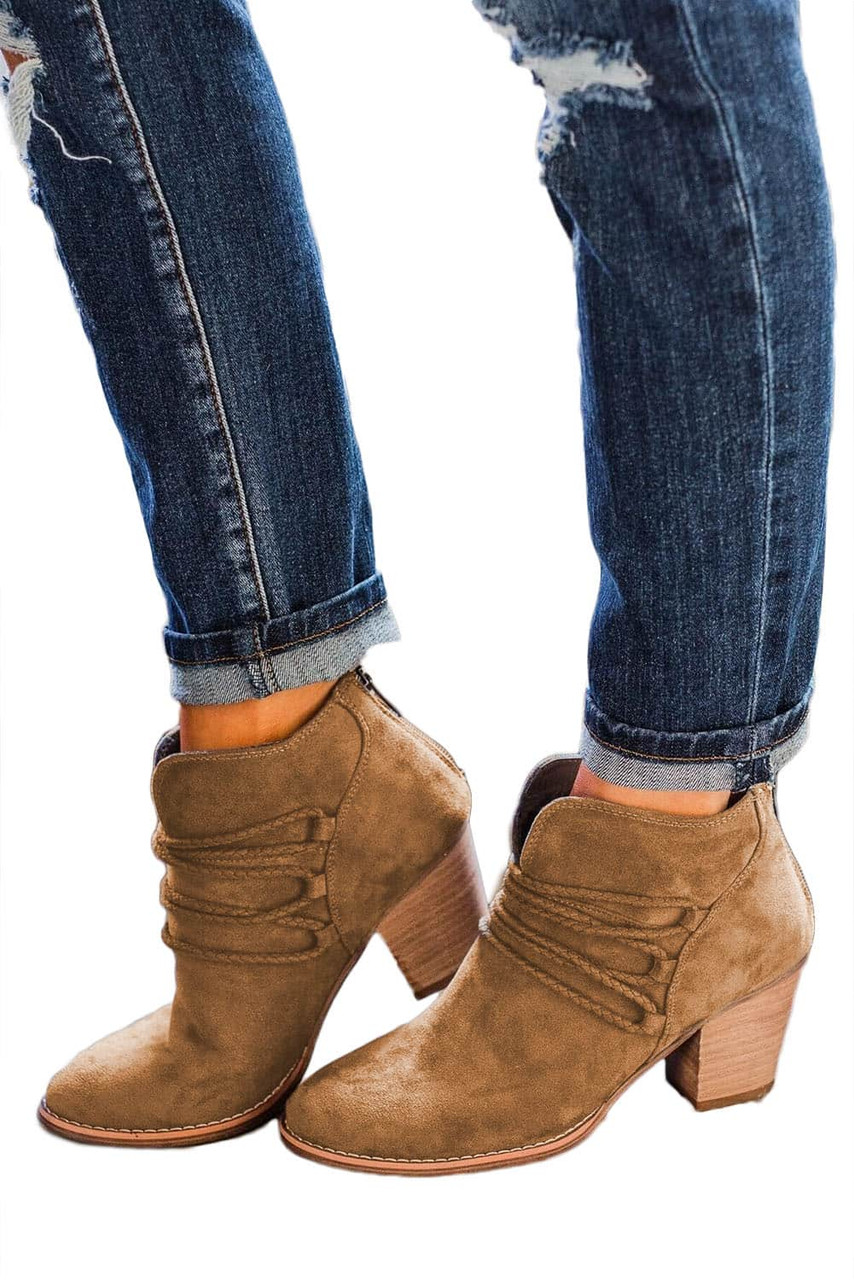 Brown Criss Cross Slip-on Point Toe Heeled Boots