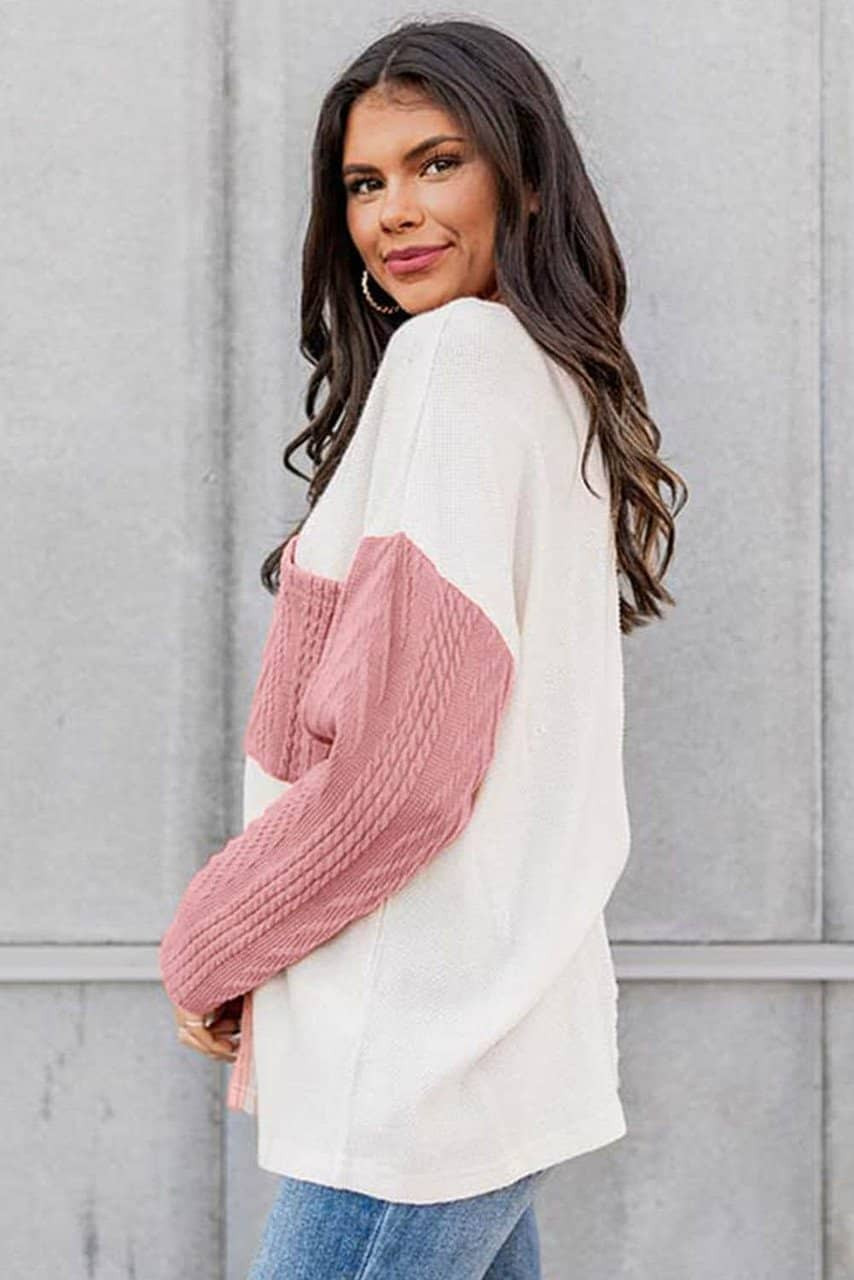 Peach Blossom Long Sleeve Colorblock Chest Pocket Textured Knit Top Peach Blossom Long Sleeve Colorblock Chest Pocket Textured Knit Top