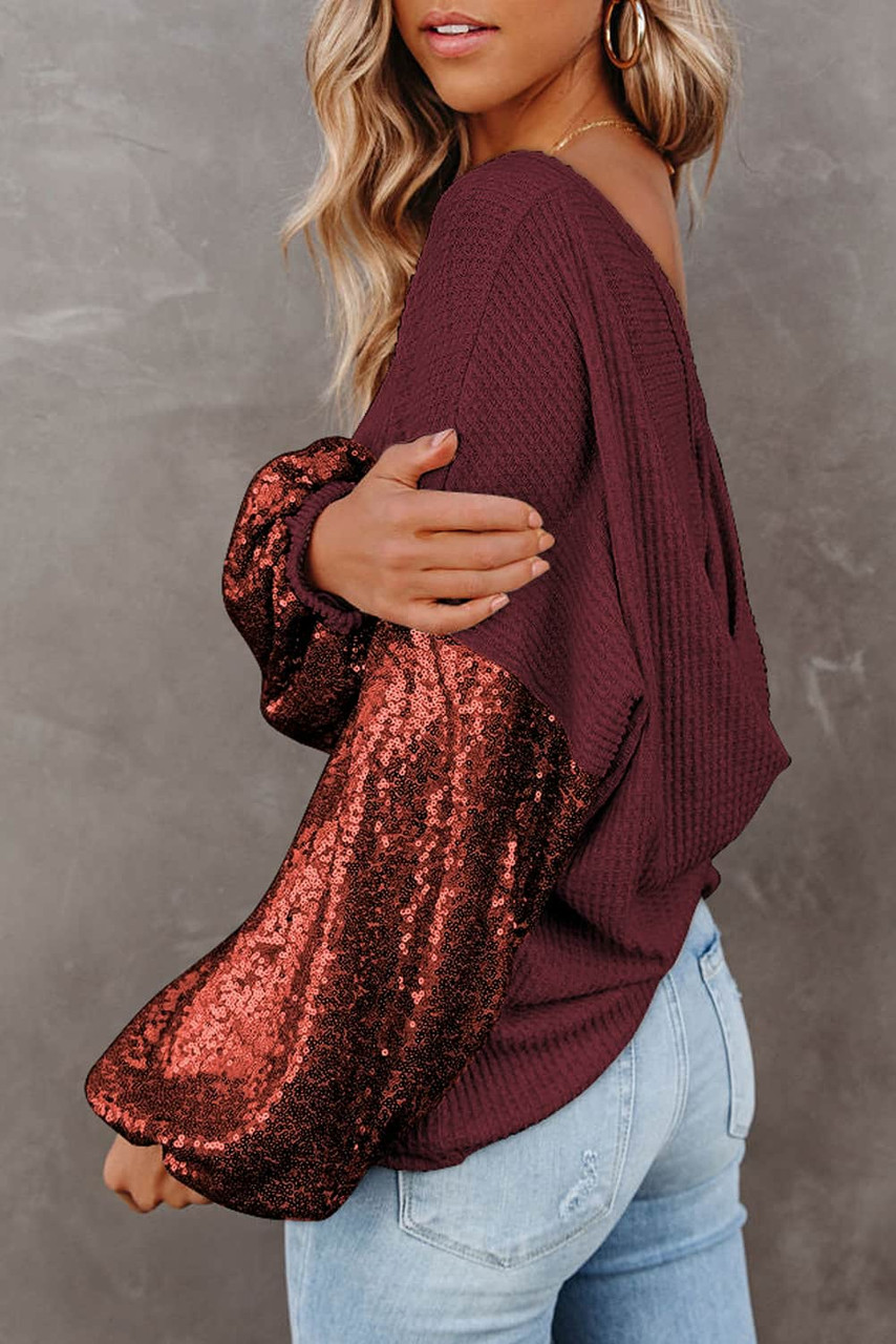 Biking Red Sequin Patchwork Sleeve Open Back Waffle Knit Top