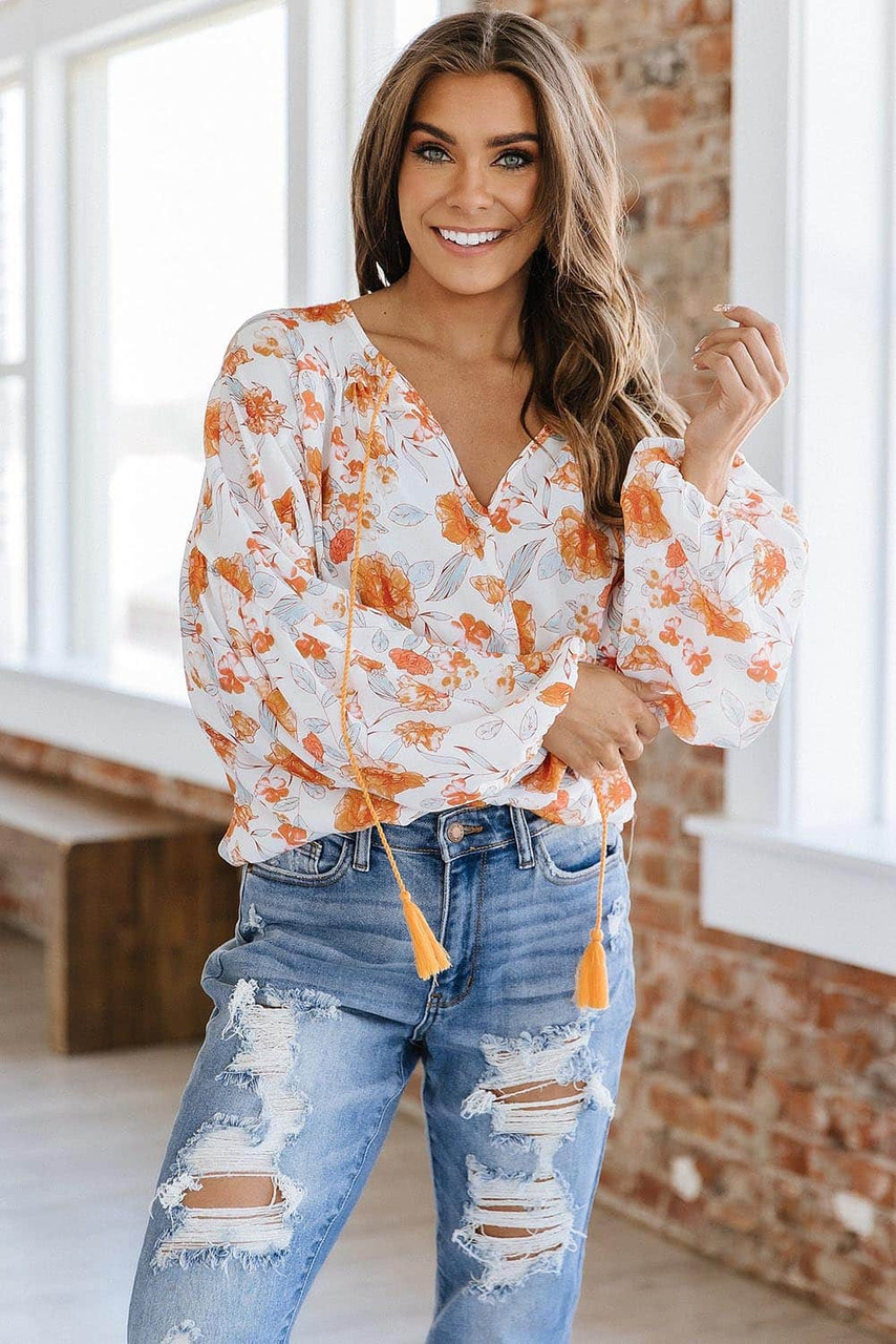 White Tassel Tie V Neck Bubble Sleeve Floral Blouse