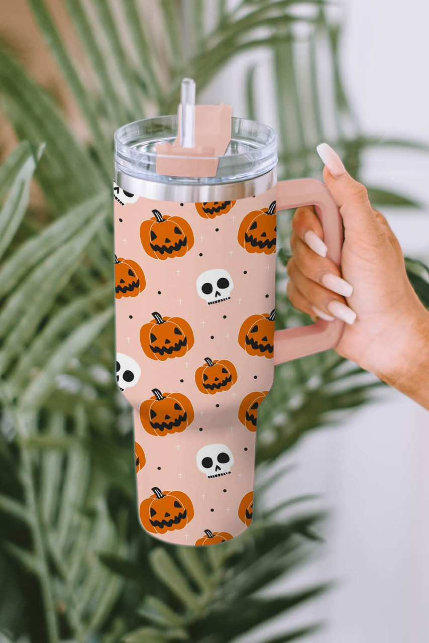 Orange Halloween Pumpkin Skull Print Handle Straw Tumbler