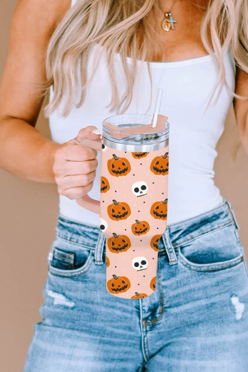 Orange Halloween Pumpkin Skull Print Handle Straw Tumbler Orange Halloween Pumpkin Skull Print Handle Straw Tumbler