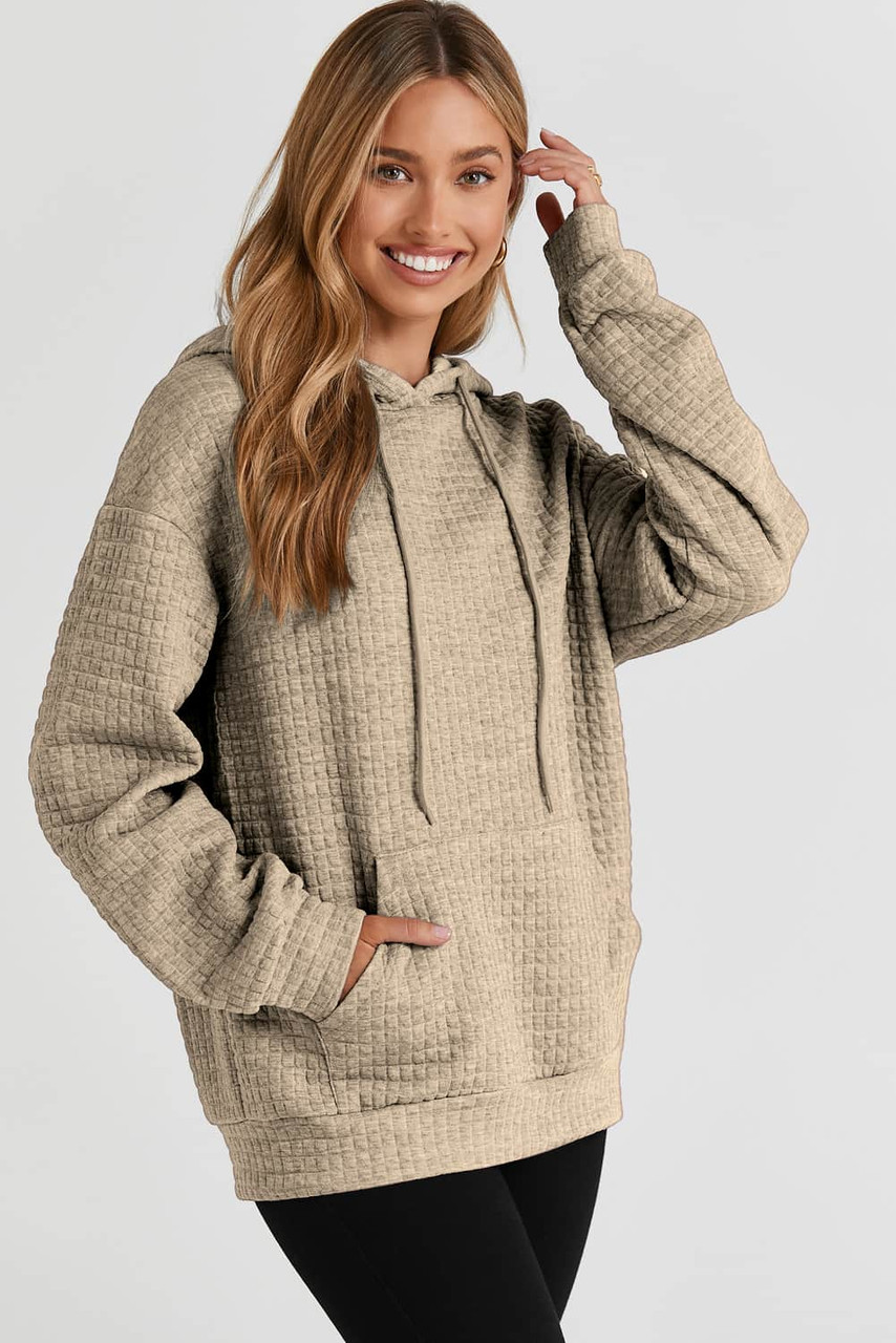 Khaki Quilted Kangaroo Pocket Drawstring Hoodie