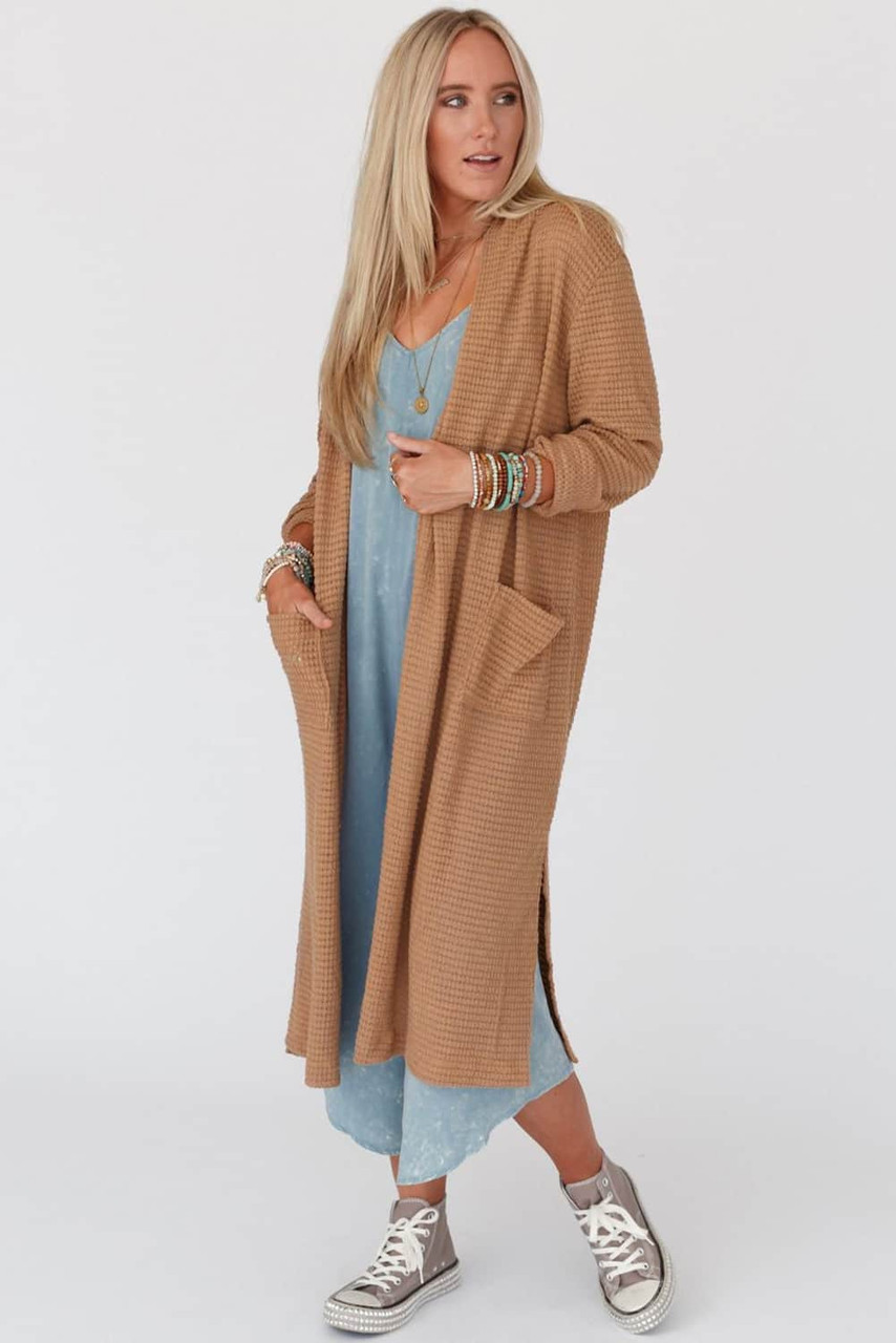 Chestnut Long Waffle Knit Cardigan with Pockets