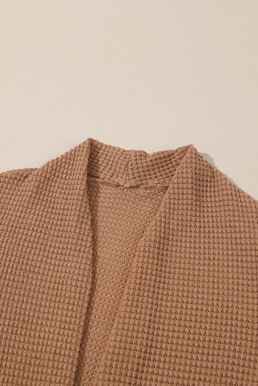 Chestnut Long Waffle Knit Cardigan with Pockets