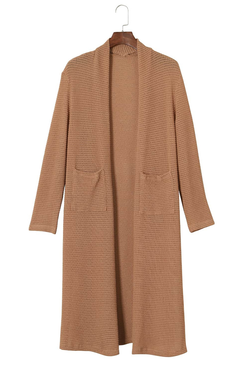 Chestnut Long Waffle Knit Cardigan with Pockets