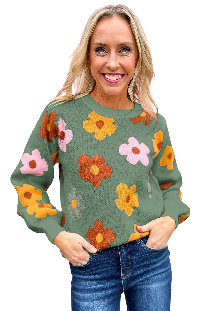 Green Sweet Flower Knitted Ribbed Hem Sweater