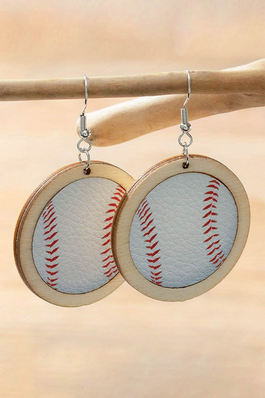 Bright White Wooden Leather Inset Baseball Earrings