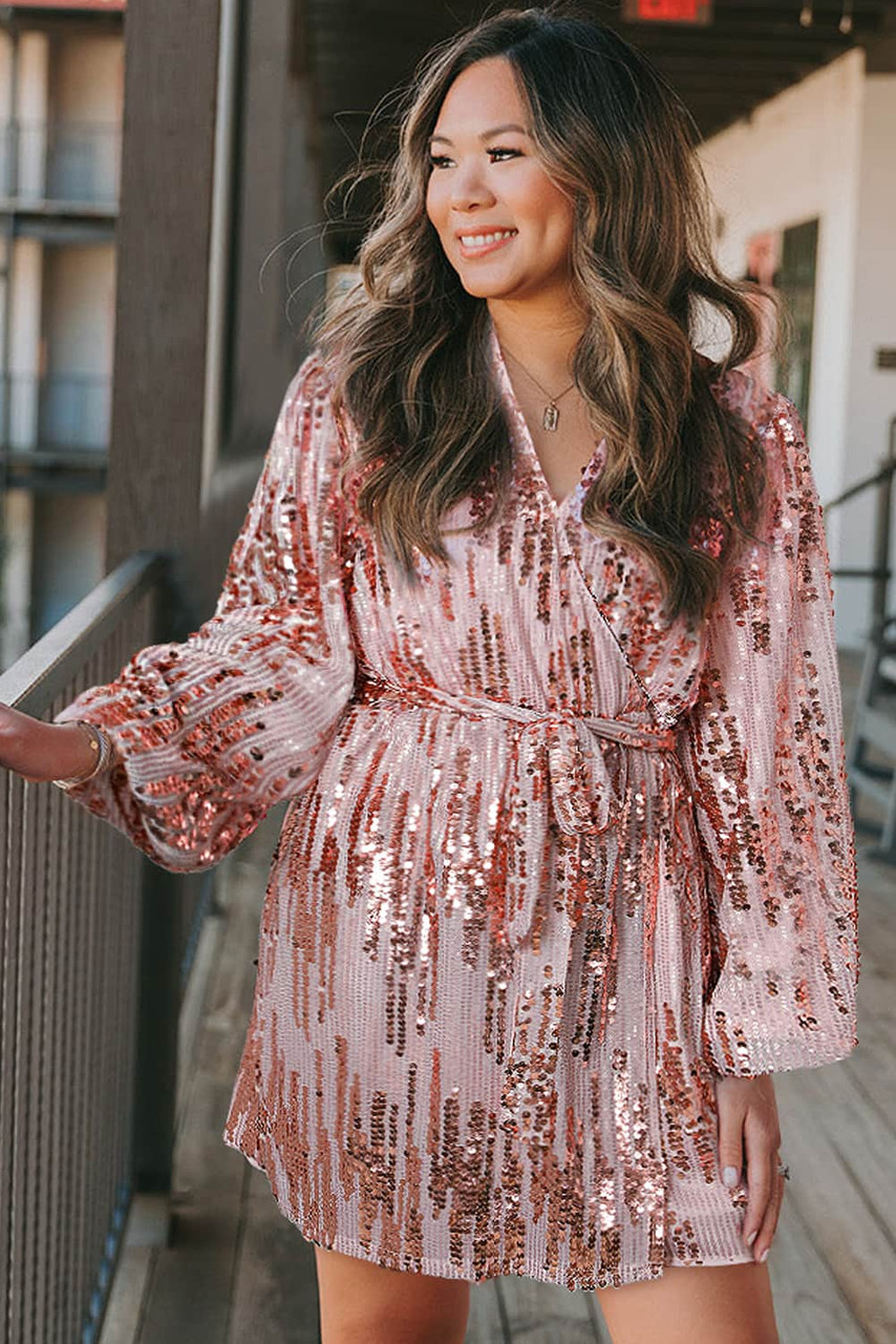 Pink Sequin Bubble Sleeves Short Wrap Dress