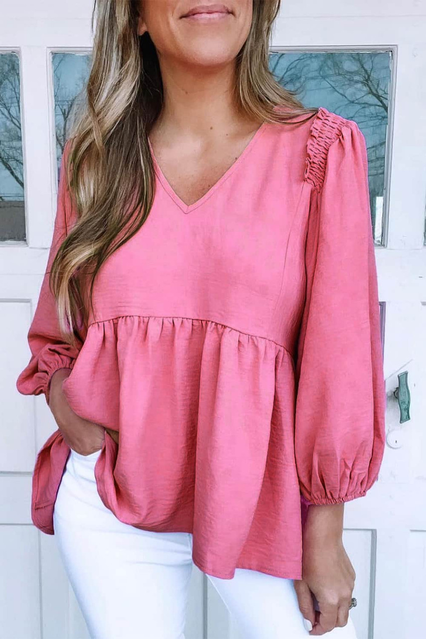 Pink Frilled V Neck Puff Sleeve Babydoll Blouse