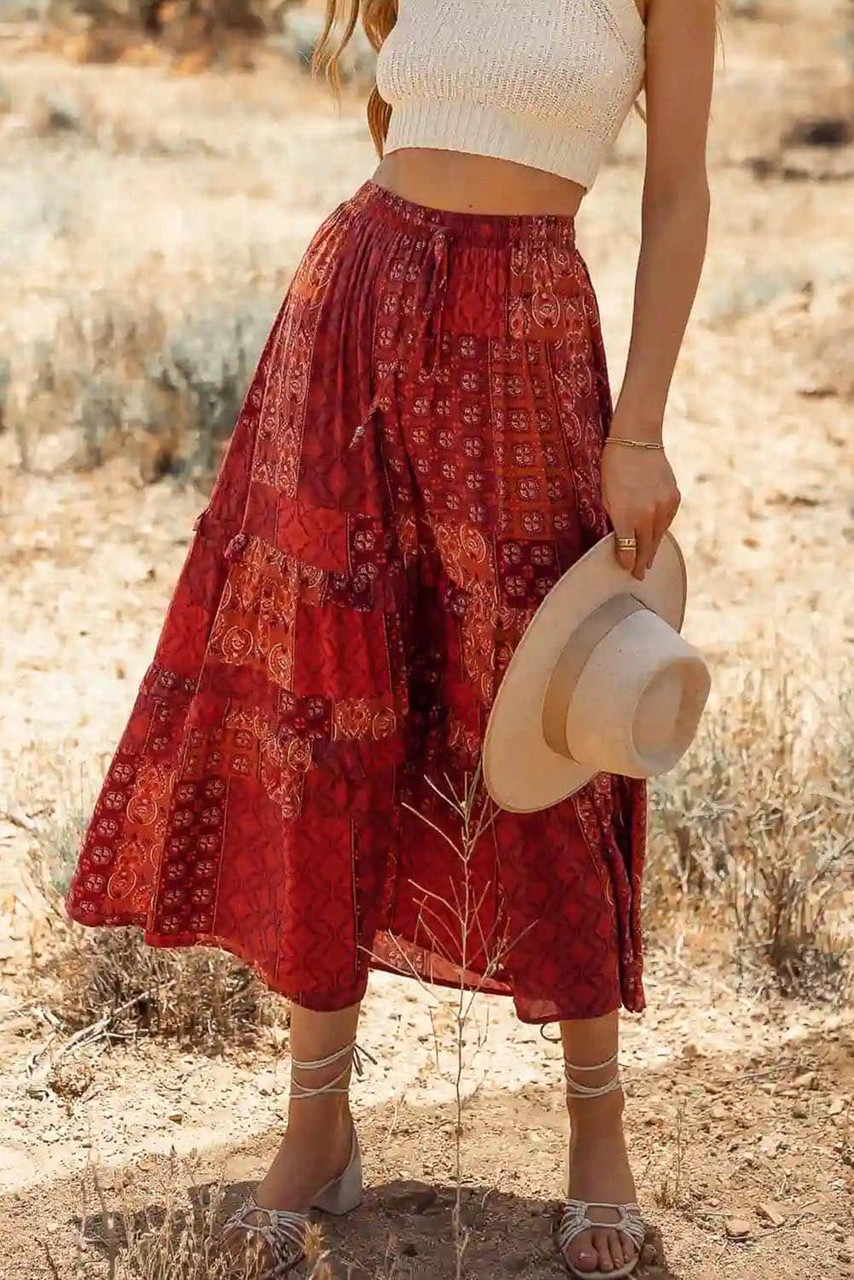 Red Bohemian Mix Print Long Flared Skirt