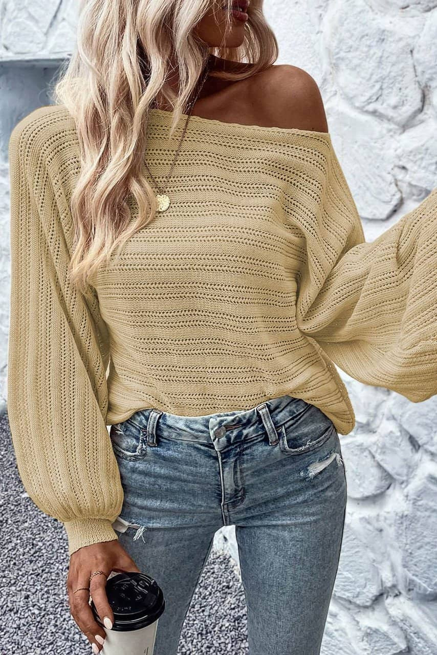 Apricot Lantern Sleeve Eyelets Textured Knit Sweater Apricot Lantern Sleeve Eyelets Textured Knit Sweater