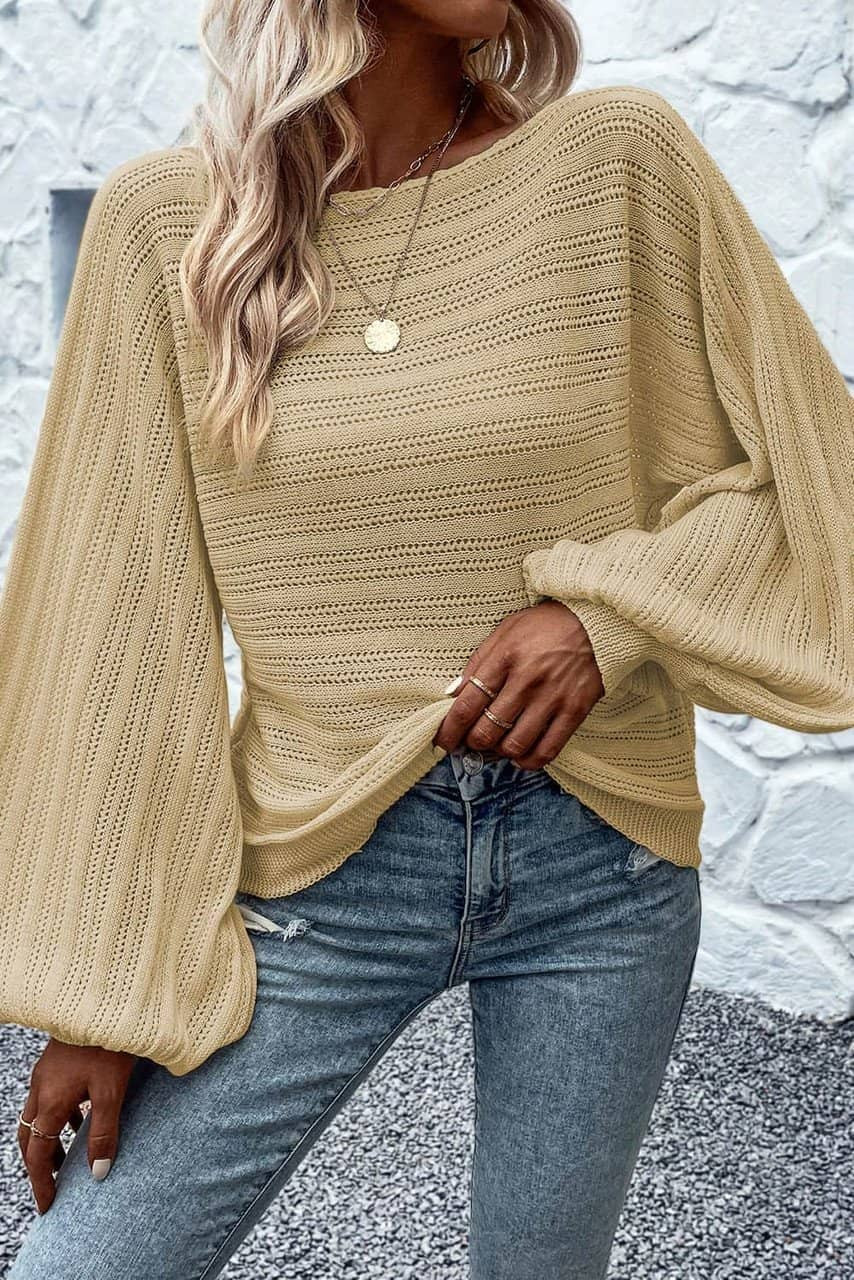 Apricot Lantern Sleeve Eyelets Textured Knit Sweater Apricot Lantern Sleeve Eyelets Textured Knit Sweater