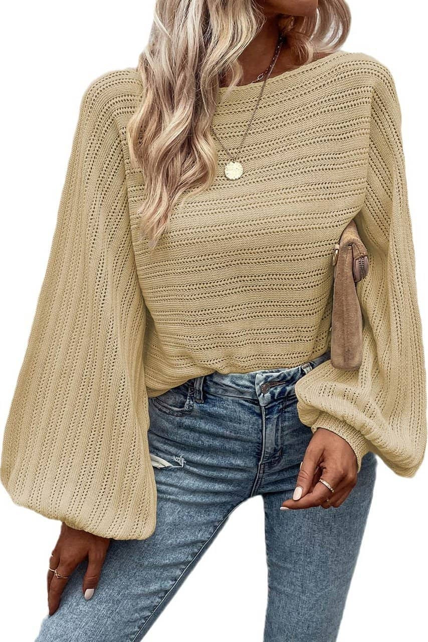 Apricot Lantern Sleeve Eyelets Textured Knit Sweater Apricot Lantern Sleeve Eyelets Textured Knit Sweater