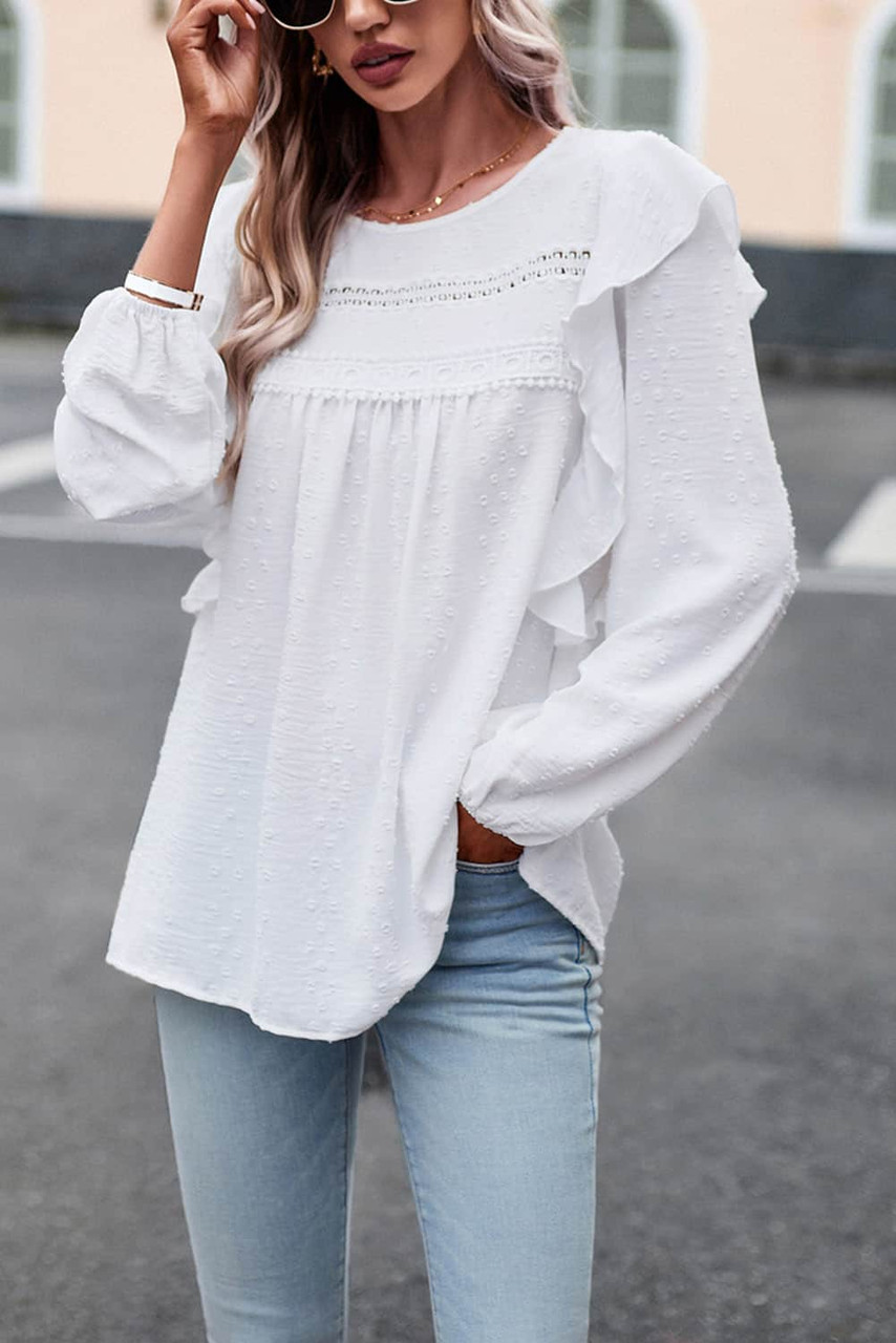 White Lace Eyelet Ruffle Shoulder Long Sleeve Blouse