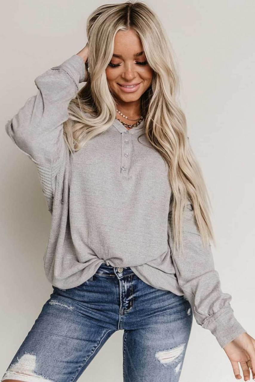 Gray Waffle Patchwork Dolman Sleeve Henley Top