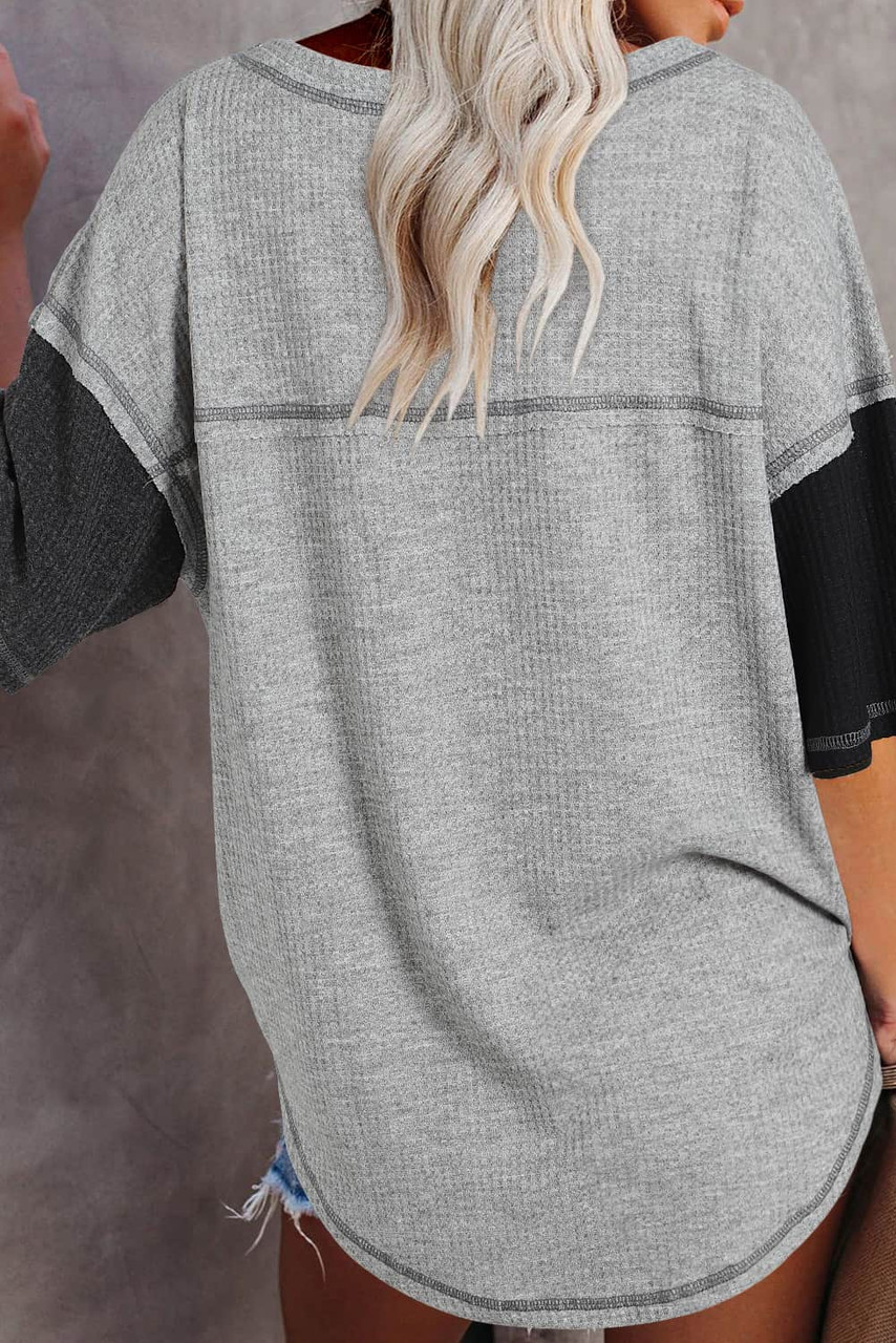 Black Waffle Colorblock Long Sleeve Oversized Top