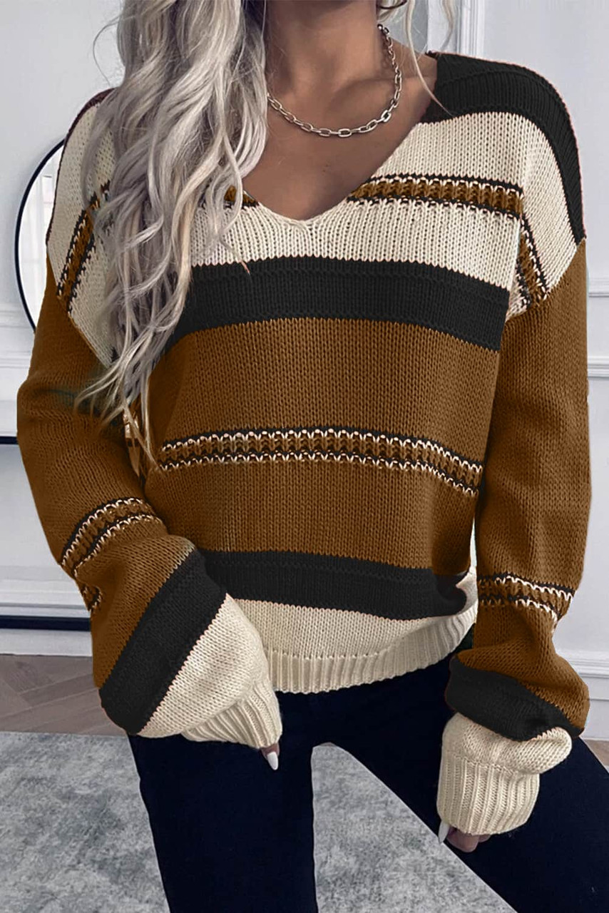 Coffee Striped Pattern Knit V Neck Sweater Coffee Striped Pattern Knit V Neck Sweater