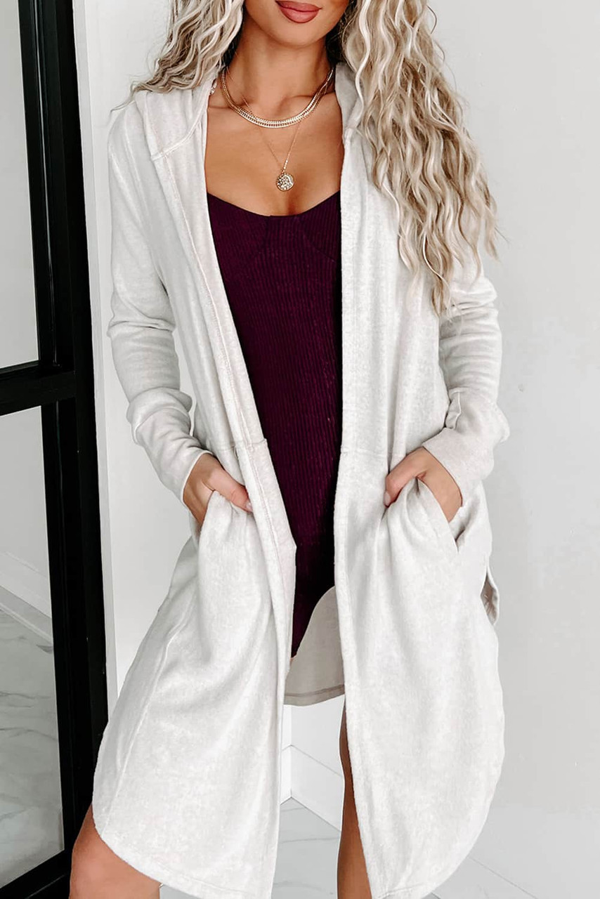 White Side Splits Open Front Hooded Cardigan