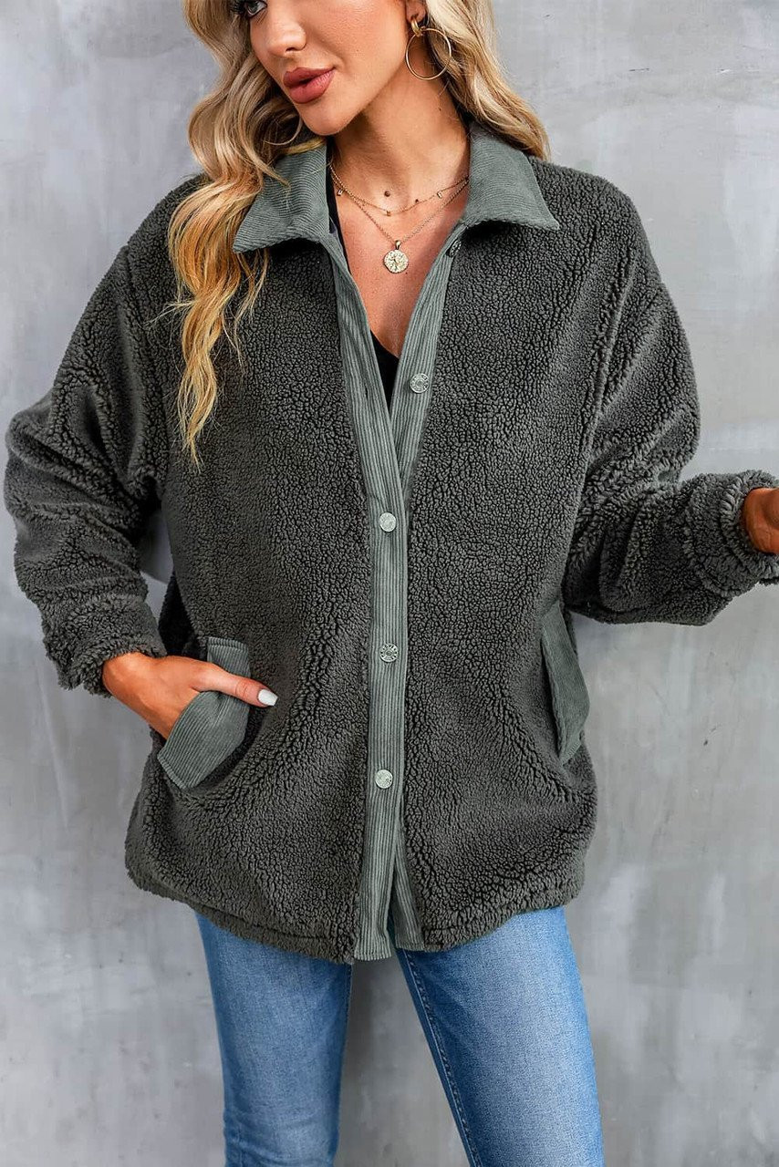 Gray Corduroy Trim Elbow Patch Sherpa Jacket Gray Corduroy Trim Elbow Patch Sherpa Jacket