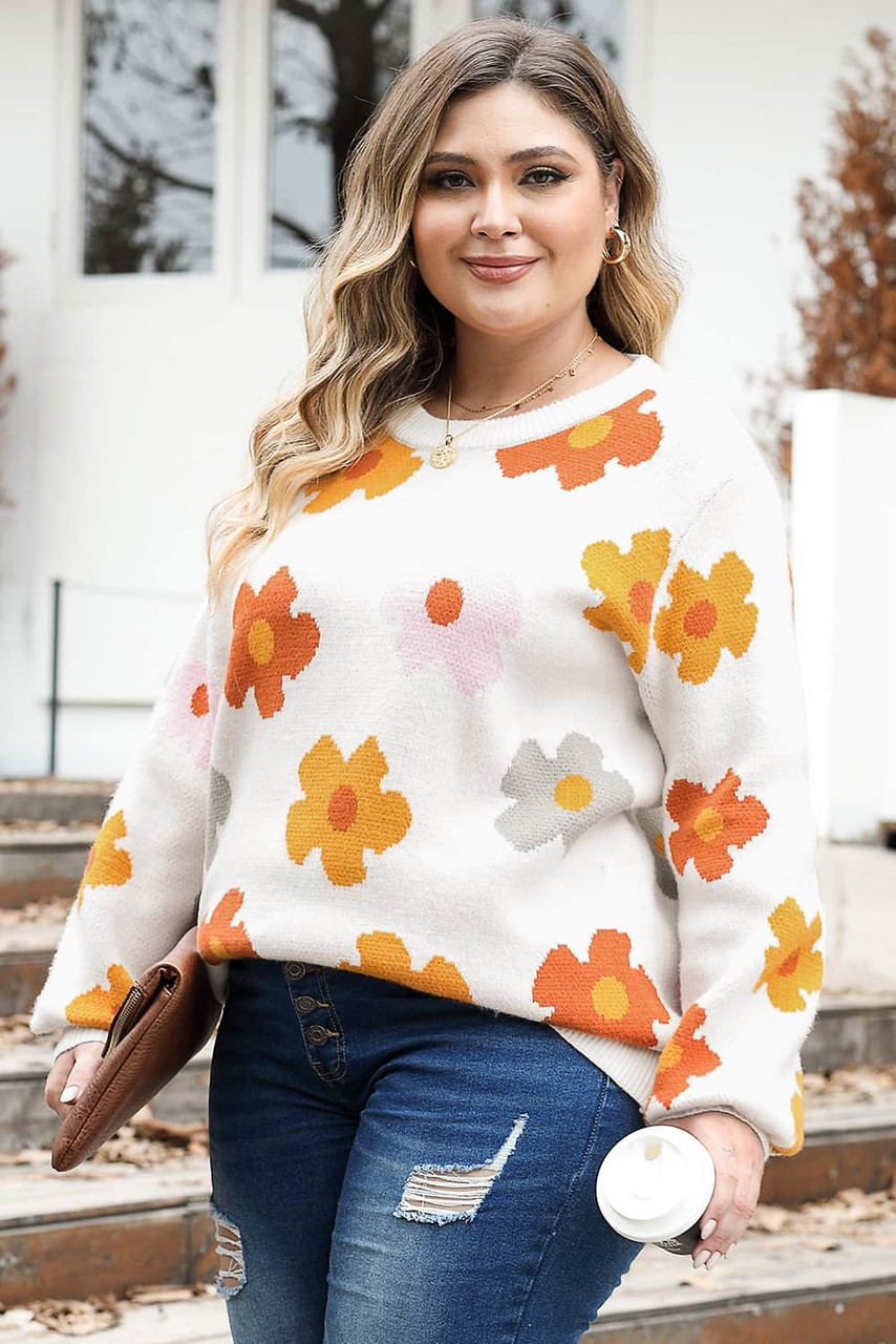 Bright White Plus Size Flower Pattern Ribbed Trim Casual Sweater