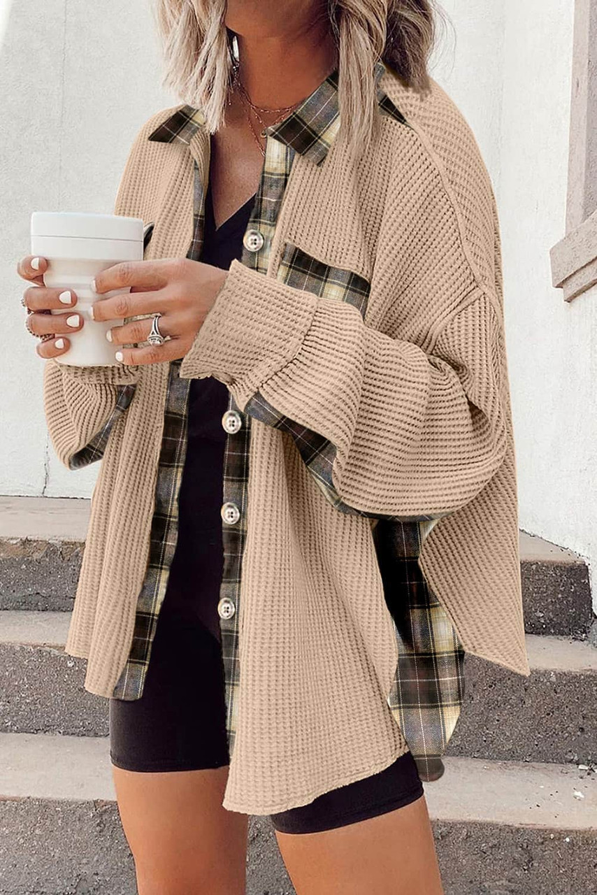 Apricot Plaid Patchwork Waffle Thermal Knit Shacket