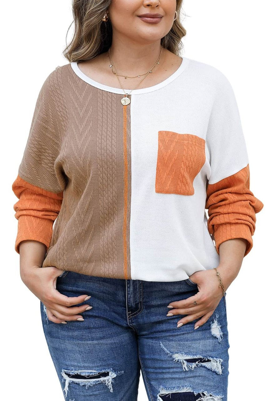 Chestnut Plus Size Color Block Textured Patchwork Top with Pocket