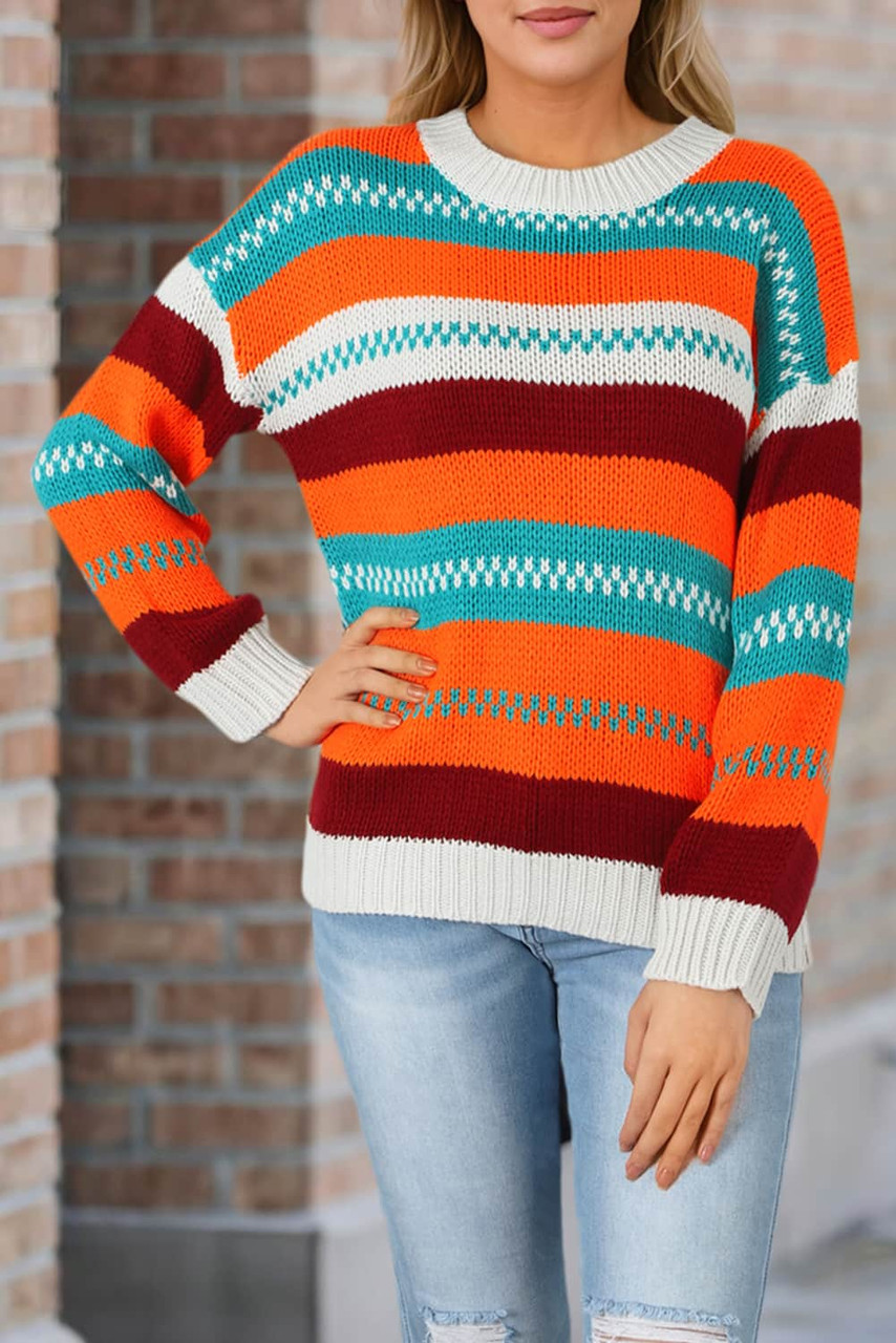 Multicolor Color Block Striped Loose Sleeve Sweater