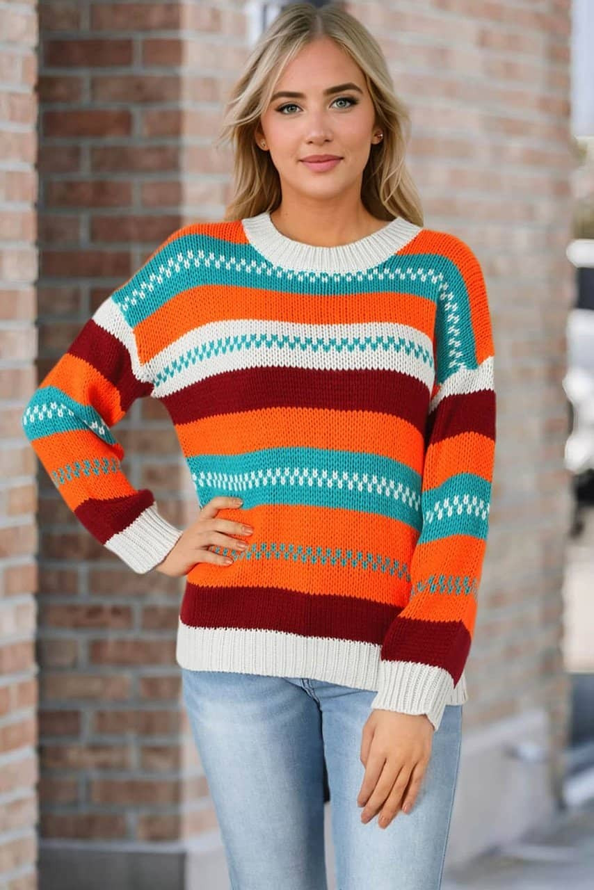 Multicolor Color Block Striped Loose Sleeve Sweater Multicolor Color Block Striped Loose Sleeve Sweater