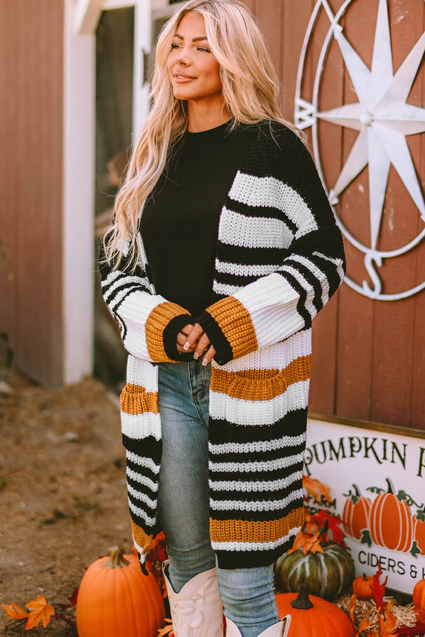 Stripe Drop Shoulder Open Front Long Cardigan