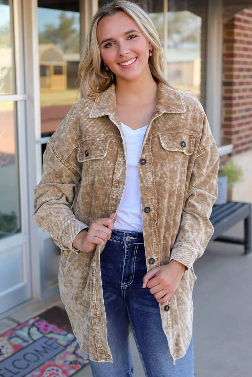 Khaki Vintage Distressed Mineral Wash Oversized Shacket Khaki Vintage Distressed Mineral Wash Oversized Shacket