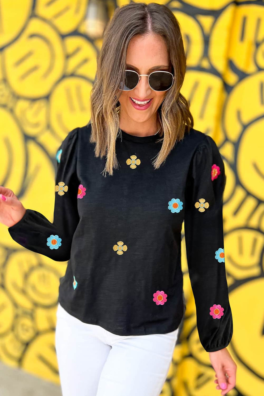 Black Floral Embroidered Puff Sleeve Top