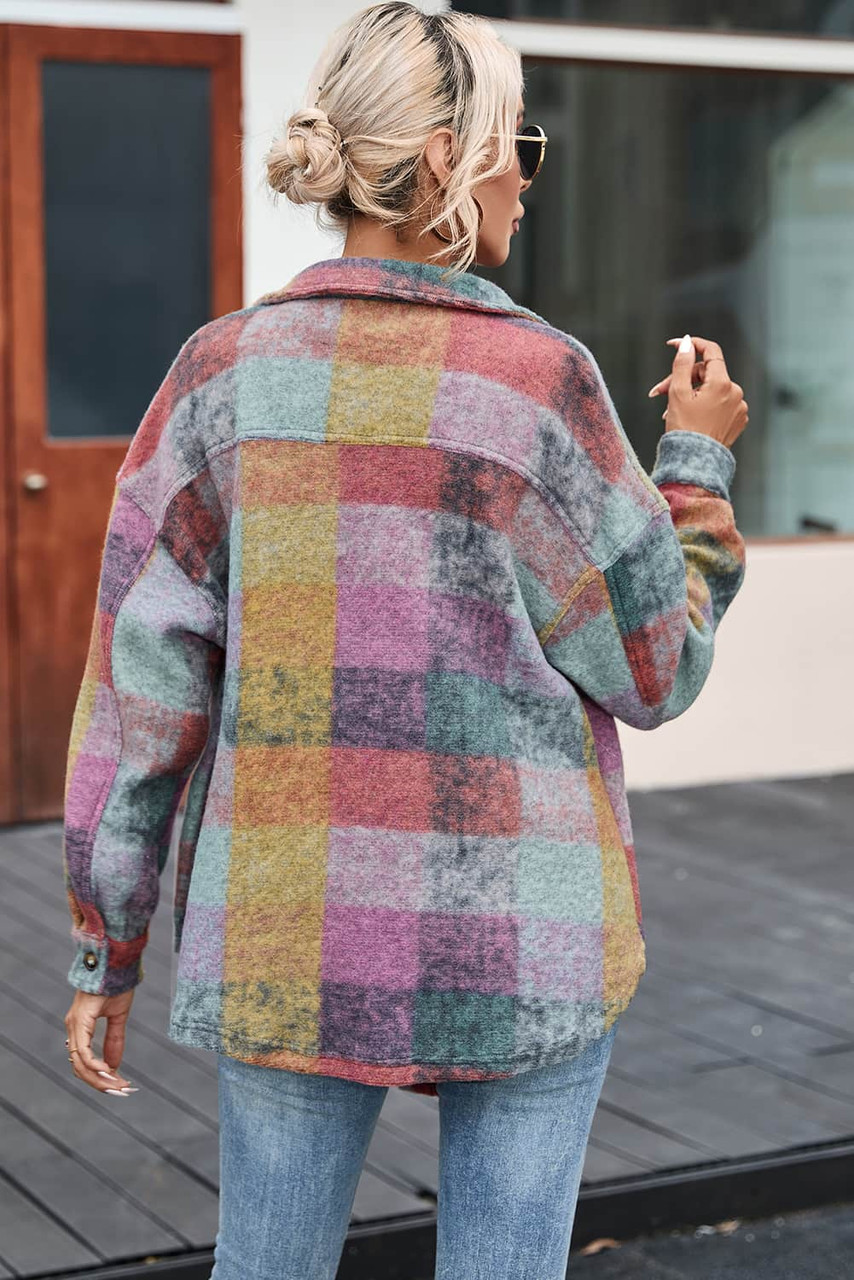 Multicolor Brushed Plaid Pocketed Oversize Shacket