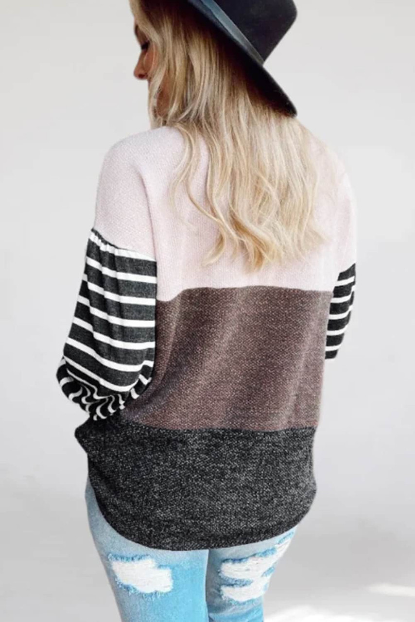 Multicolor Contrast Striped Sleeve Color Block Pullover