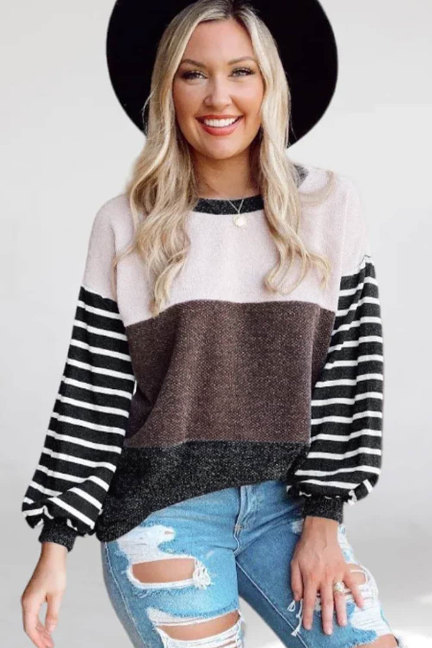 Multicolor Contrast Striped Sleeve Color Block Pullover