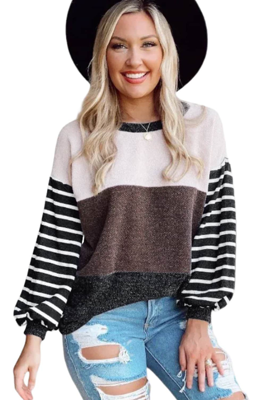 Multicolor Contrast Striped Sleeve Color Block Pullover