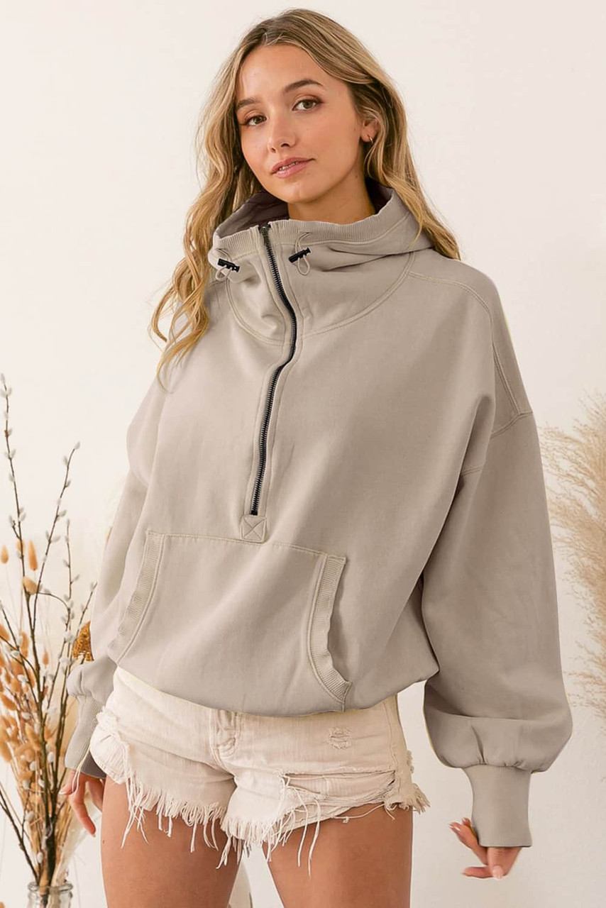 Gray Ribbed Trim Kangaroo Pocket Zipped Hoodie