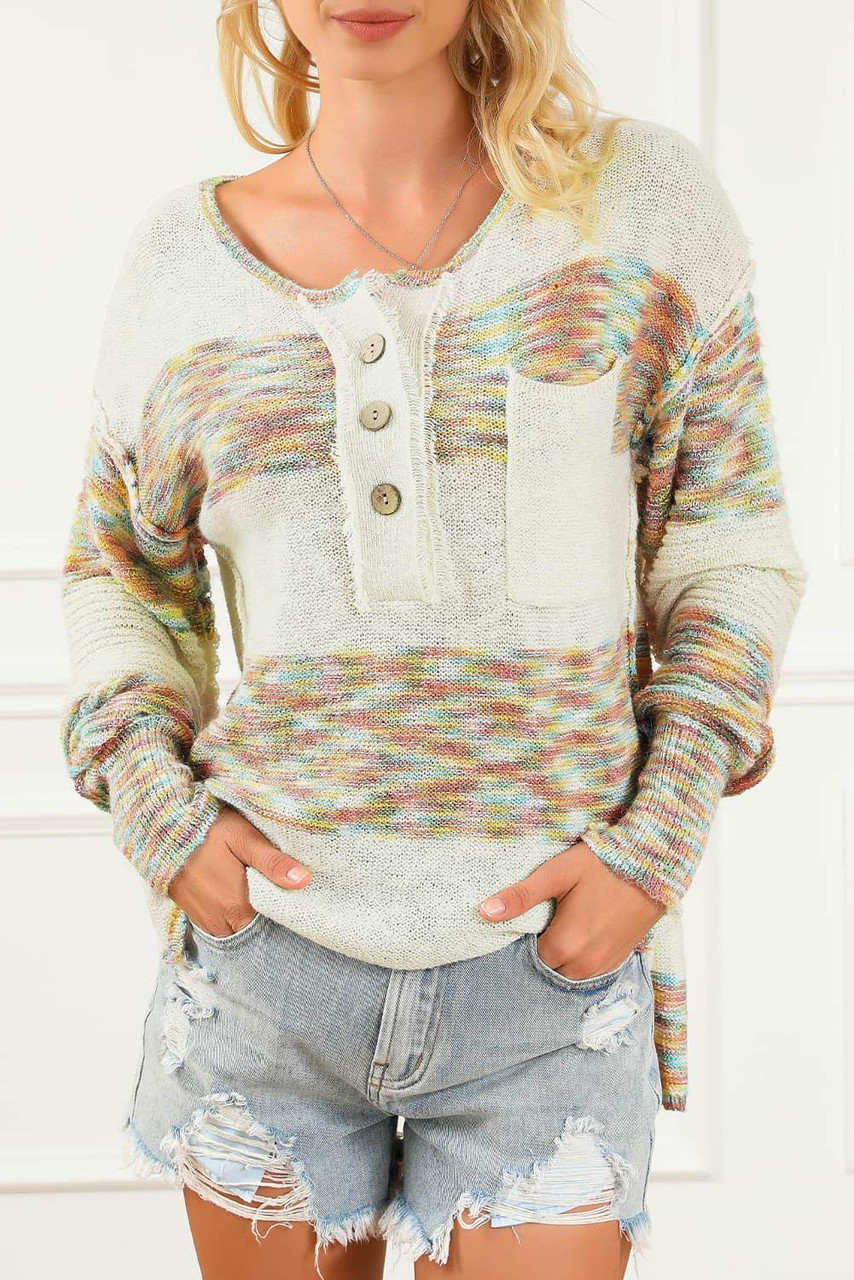 Multicolor Space Dye Henley Knit Sweater