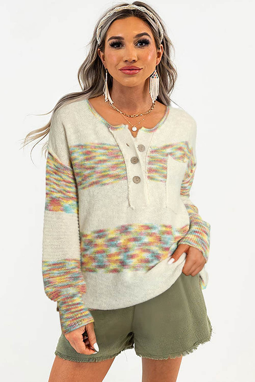 Multicolor Space Dye Henley Knit Sweater