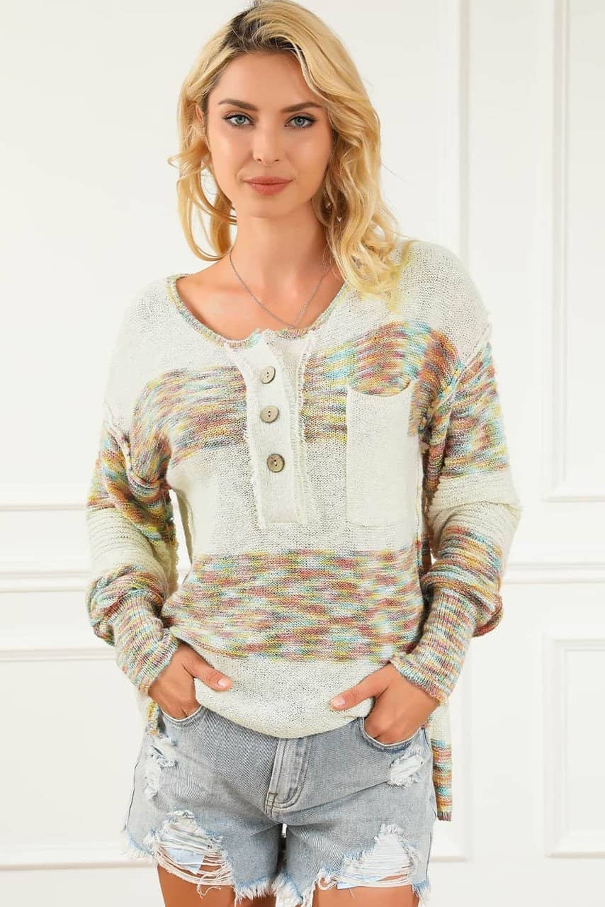 Multicolor Space Dye Henley Knit Sweater