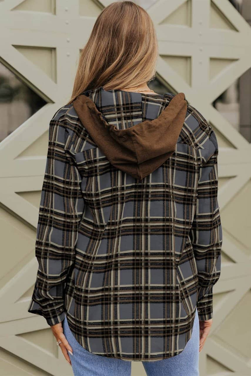 Contrast Hooded Drawstring Plaid Shacket Contrast Hooded Drawstring Plaid Shacket
