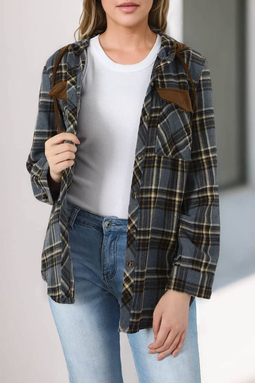 Contrast Hooded Drawstring Plaid Shacket Contrast Hooded Drawstring Plaid Shacket