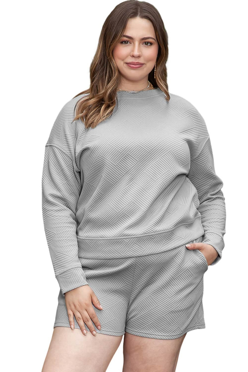 Light Grey Plus Size Textured Casual Two-Piece Pants Set