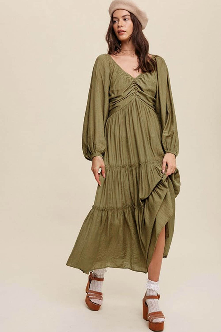 Green V Neck Bowknot Cutout Frill Tiered Maxi Dress