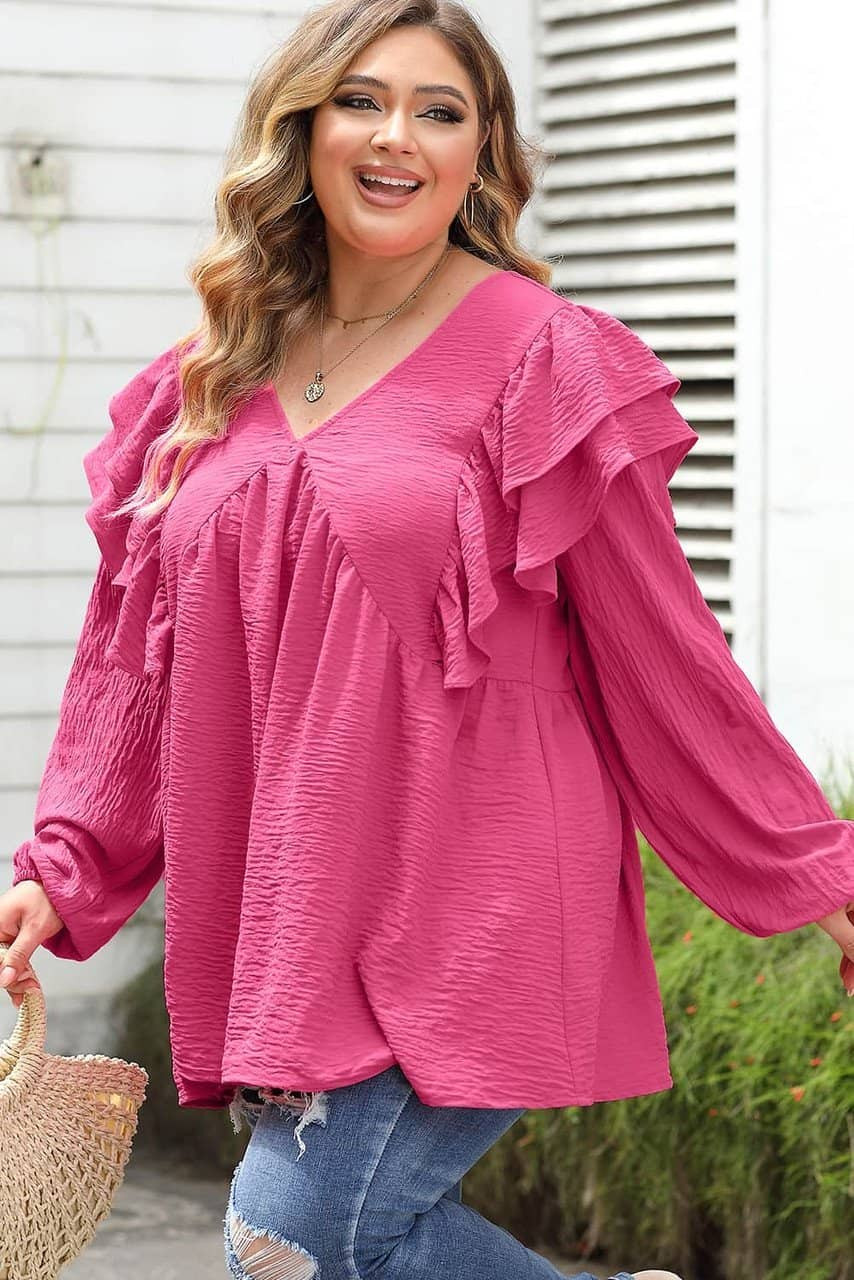 Pink Crinkle Ruffled V Neck Plus Size Blouse Pink Crinkle Ruffled V Neck Plus Size Blouse