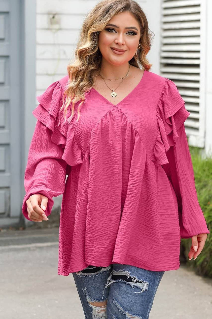 Pink Crinkle Ruffled V Neck Plus Size Blouse Pink Crinkle Ruffled V Neck Plus Size Blouse