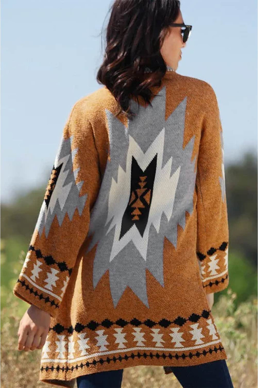 Gold Flame Aztec Graphic Open-Front Cardigan